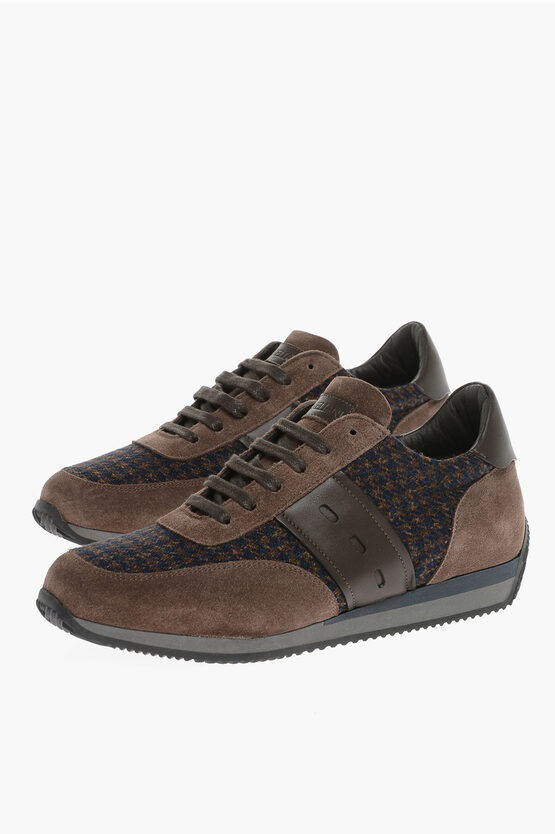 Corneliani Suede Sneakers With Houndstooth Wool Inserts In Multi