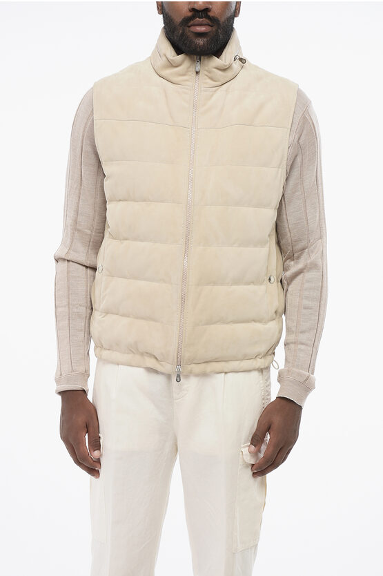 Brunello Cucinelli Suede Vest With Down Padding In Neutral