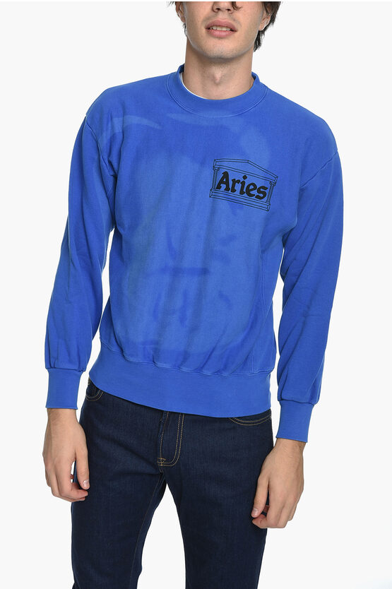 Aries Sunbleached Cross Grain Sweatshirt With Logo Print In Blue