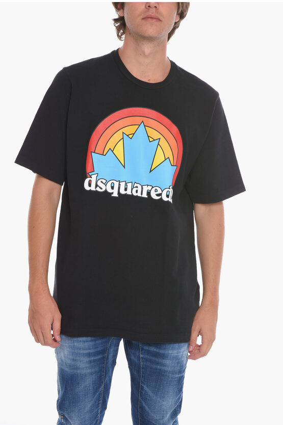 Dsquared2 Sunset Leaf T-shirt With Multicolored Print In Black