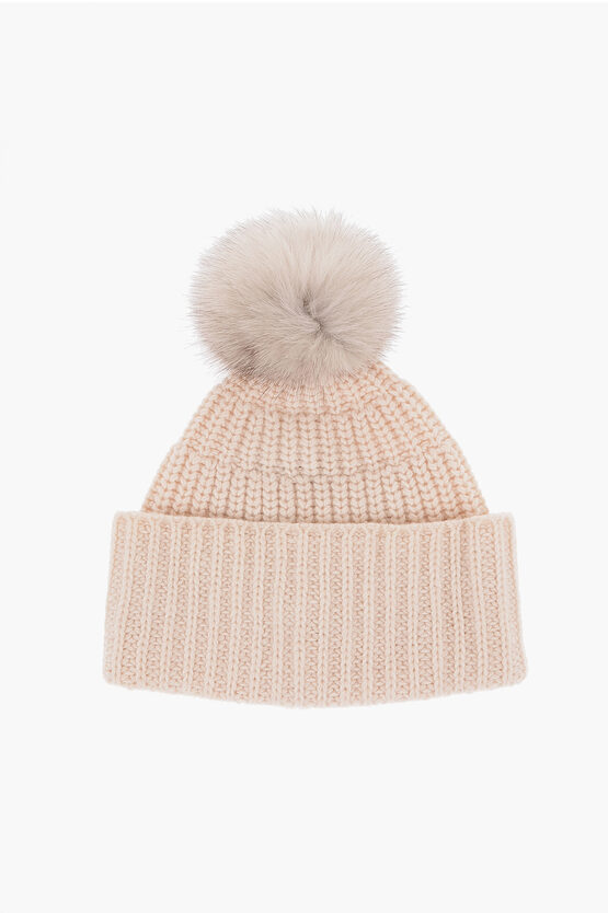 Sword 6.6.44 Swd Solid Color Beanie With Real Fur Pom Pom In Neutral