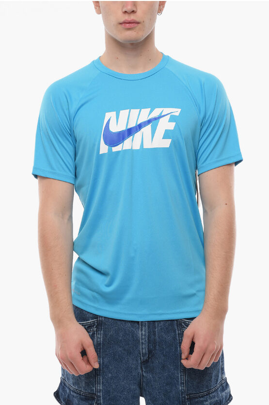 Nike Swim Crew-neck Hydrogu T-shirt With Maxi Frontal Logo In Blue