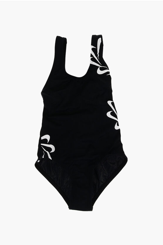 Nike Swim One Piece Swimsuit With Contrasting Print Multi Logo In Black