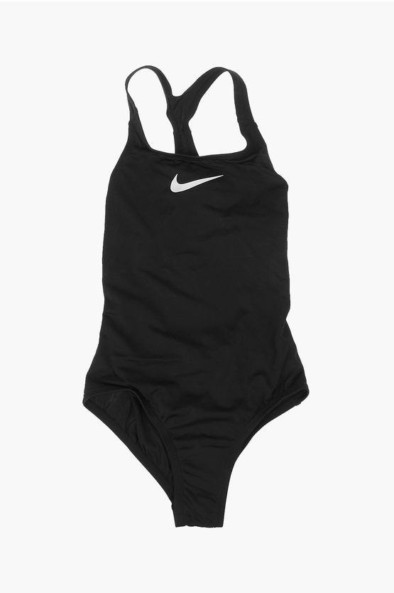 Nike Swim Solid Color One Piece Swimsuit With Printed Logo In Black