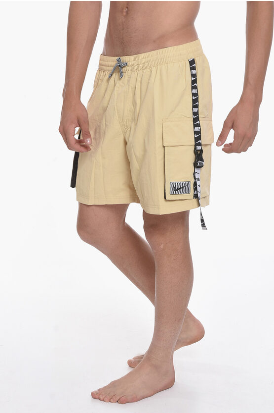 Nike Swim Solid Color Swim Shorts With Logoed Side Band In Neutral