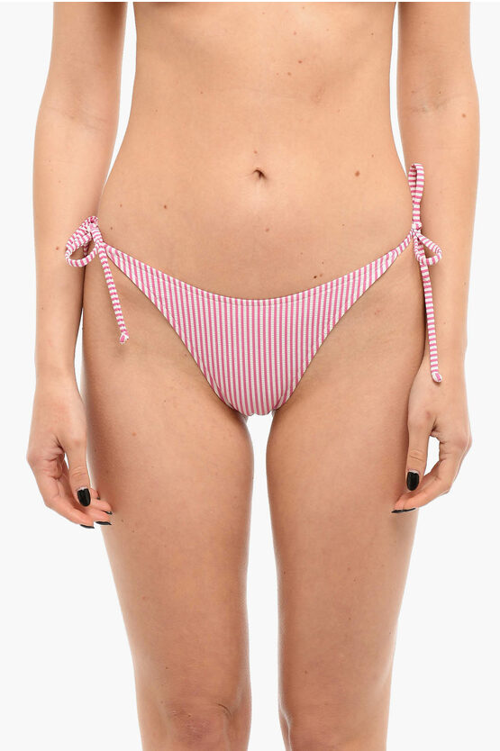 Moschino Swim Striped Bikini Slip With Logo In Pink