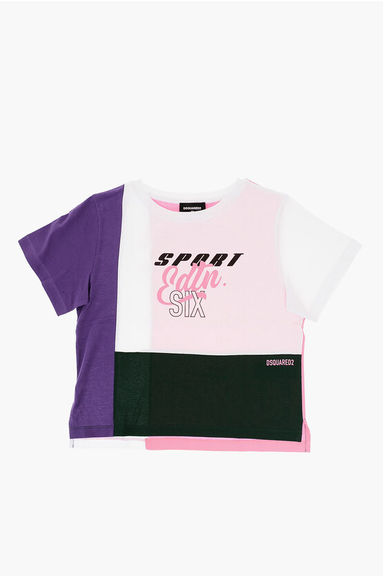 T-Shirt Girocollo Color Block con Stampa sul Fronte