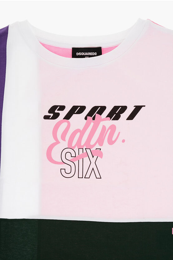 T-Shirt Girocollo Color Block con Stampa sul Fronte