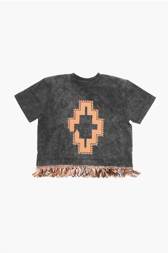 T-shirt Girocollo Effetto Acid Wash con Frange