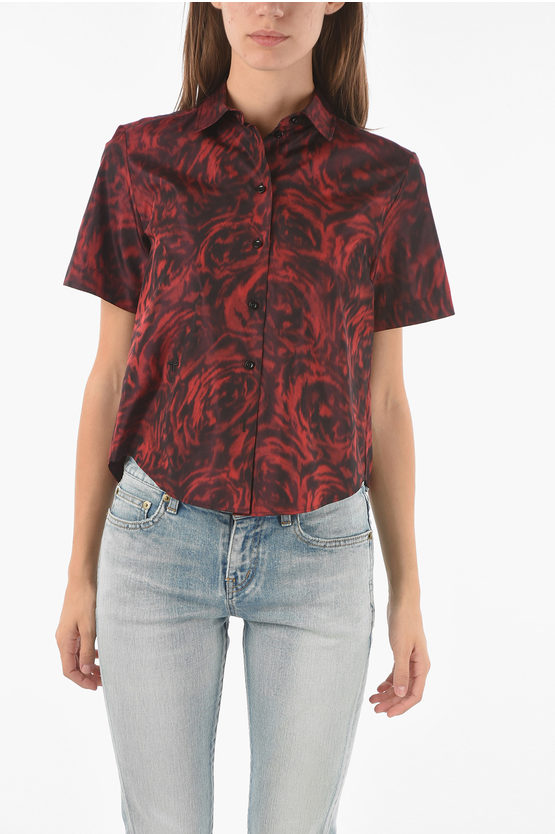 Dior Taffeta Silk Cropped Shirt In Rose Pattern In Black