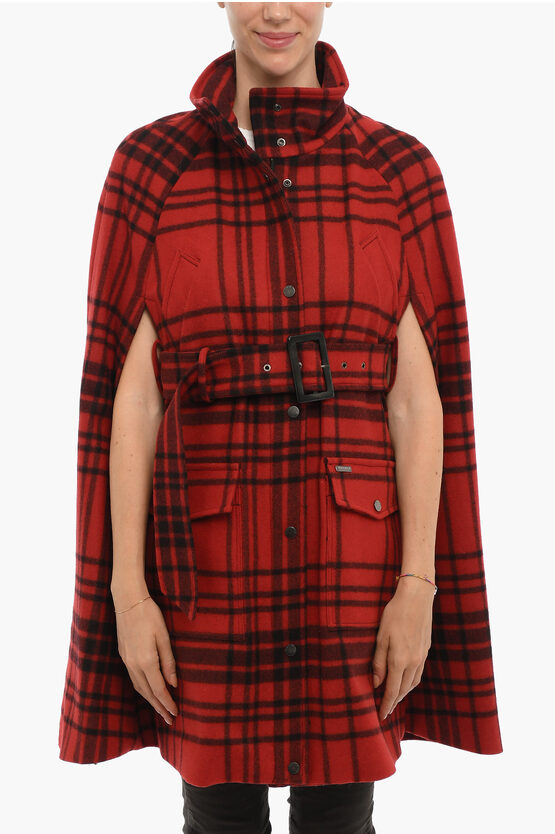 Woolrich Tartan Checked Hunting Cape With Belt In Red