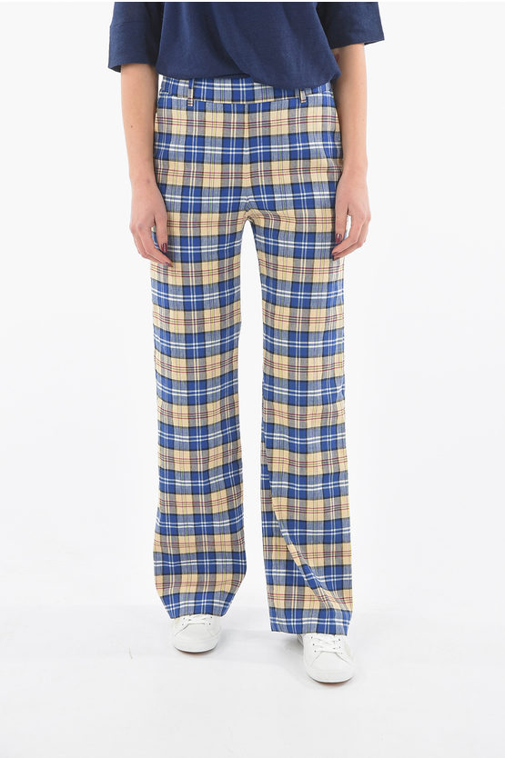 Woolrich Tartan Checked Palazzo Trousers With Belt Loops In Blue