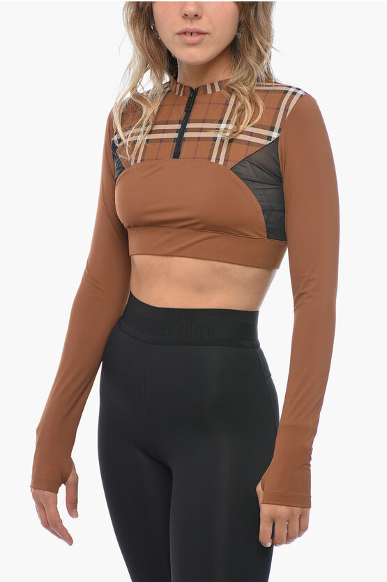 Shop Burberry Tartan Crop Top With Mesh Inserts