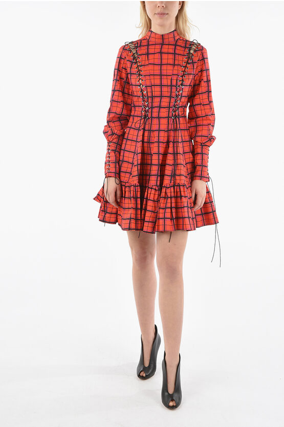 Rochas Tartan Mini Dress With Lace Up Corset Details In Red