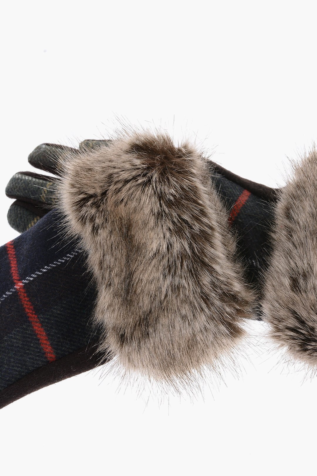 Barbour Tartan Motif Wool Blend RIDLEY Gloves with Faux-Fur Detail