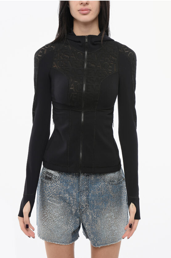 Versace Tech Hoodie Top With Logo Motif