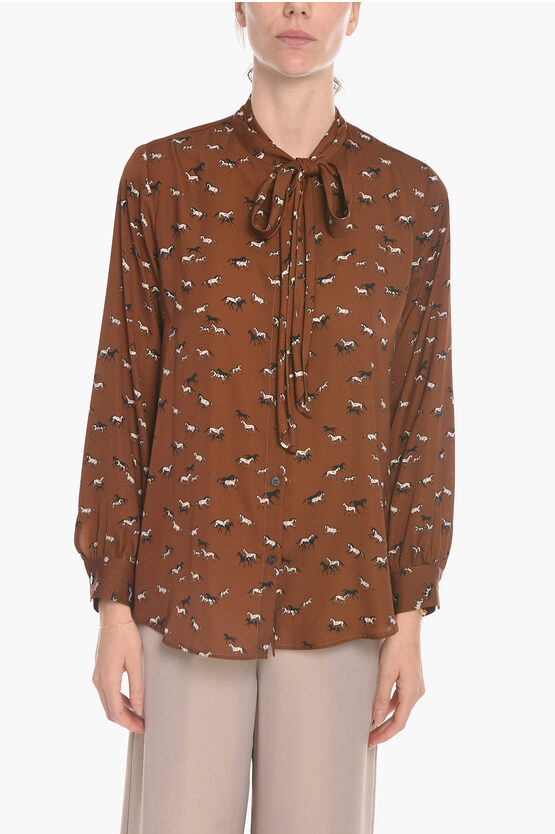 Altea Tech-satin Joana Tie-neck Blouse With Horse Print In Brown