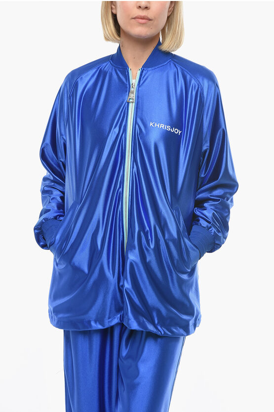 Khrisjoy Tech-satin Zip-up Sweatshirt With Logo Print In Blue