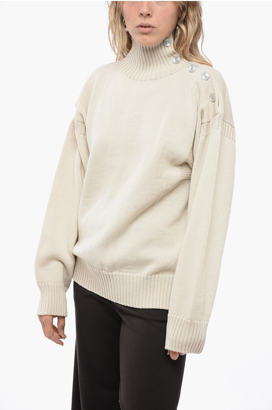 Jil Sander Technical Wool Turtleneck Sweater With Button Detail In Neutral