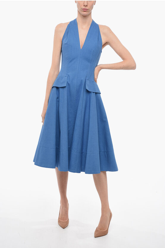 Bottega Veneta Textured Cotton Flared Dress With Denuded Shoulders In Blue