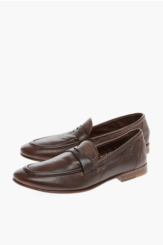 Corneliani Textured Deer Leather Penny Loafers In Brown