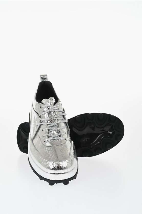 Jil Sander Textured Lamè Leather Lcae-up Sneakers In Gray