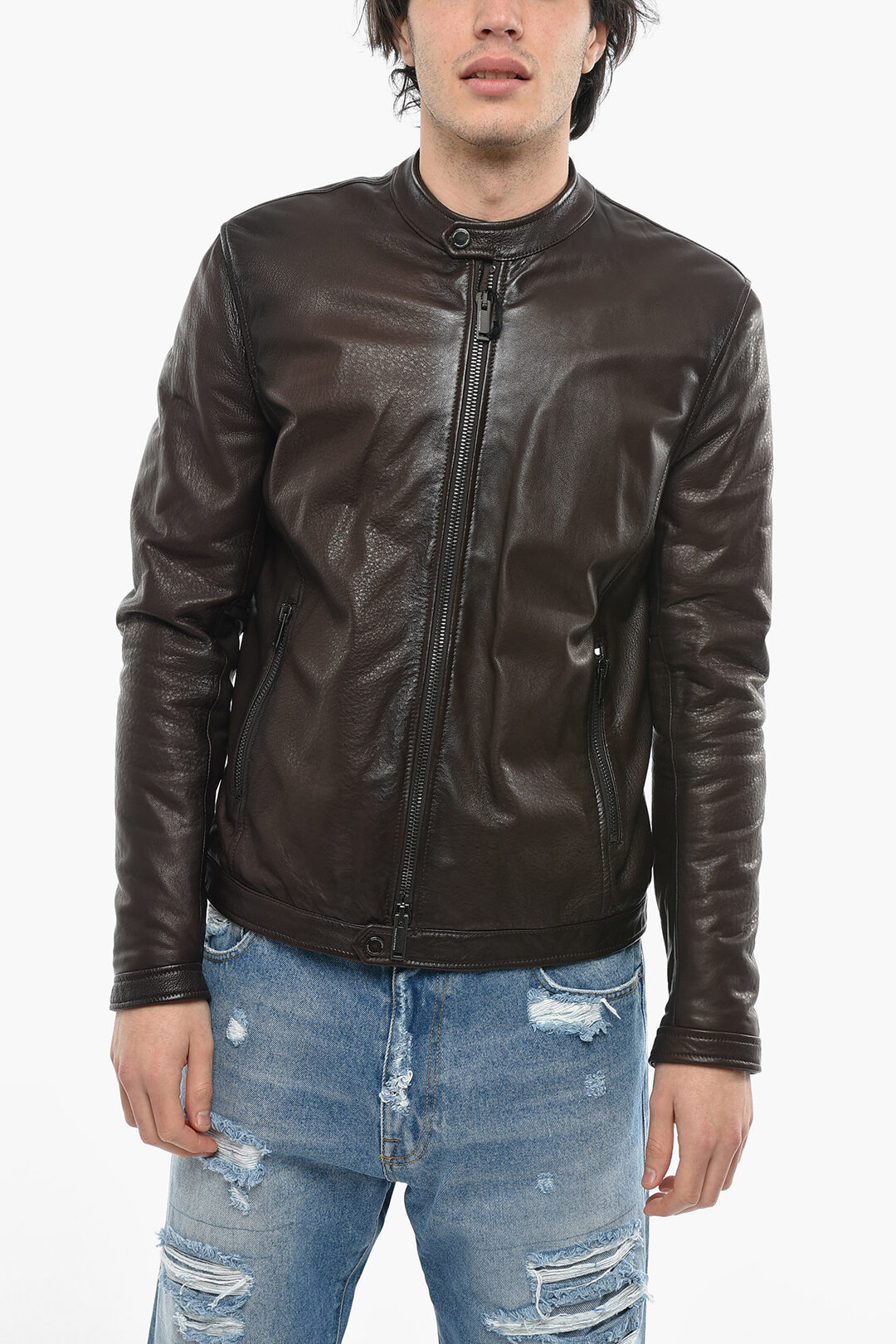 Tagliatore Textured Leather Biker Jacket with Frontal Zip