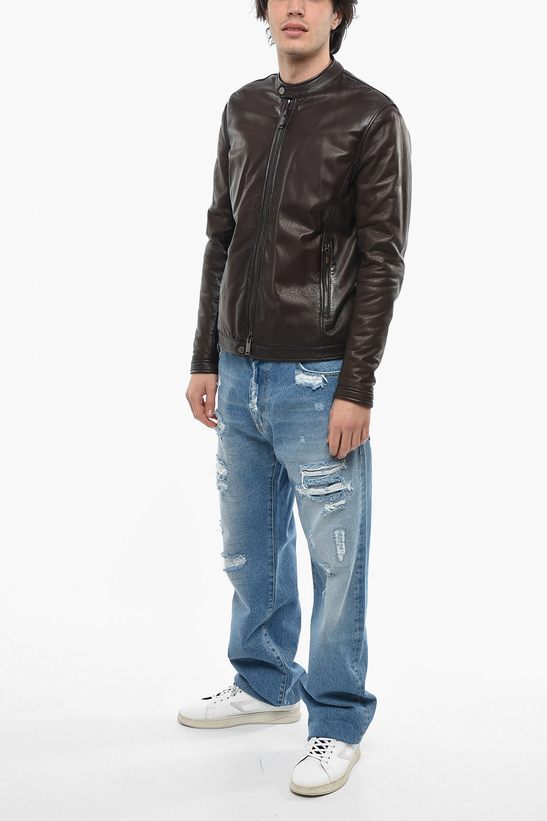 Tagliatore Textured Leather Biker Jacket with Frontal Zip