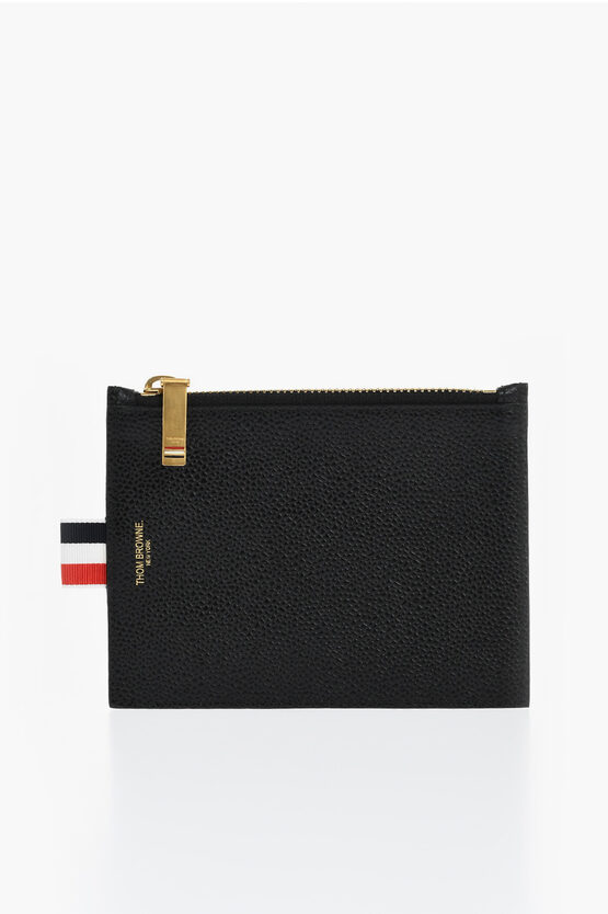 Thom Browne Textured Leather Card Holder With Zip Closure In Black