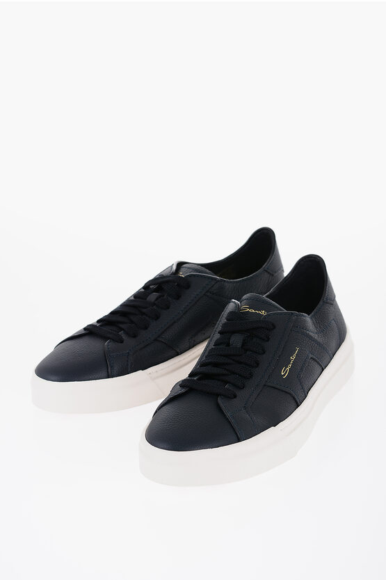 Santoni Textured Leather Low-top Sneakerswith Logo-print In Black