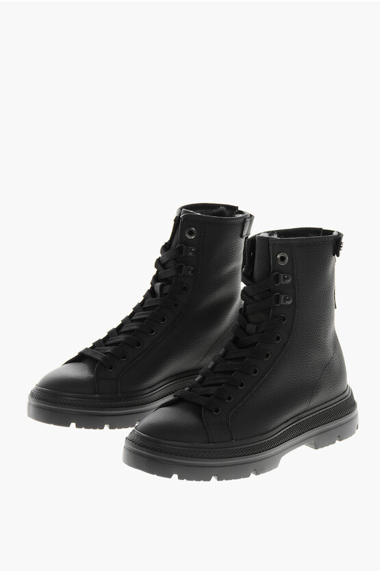 Woolrich Textured Leather Military Lace-up Booties With Vibram Sole In Black