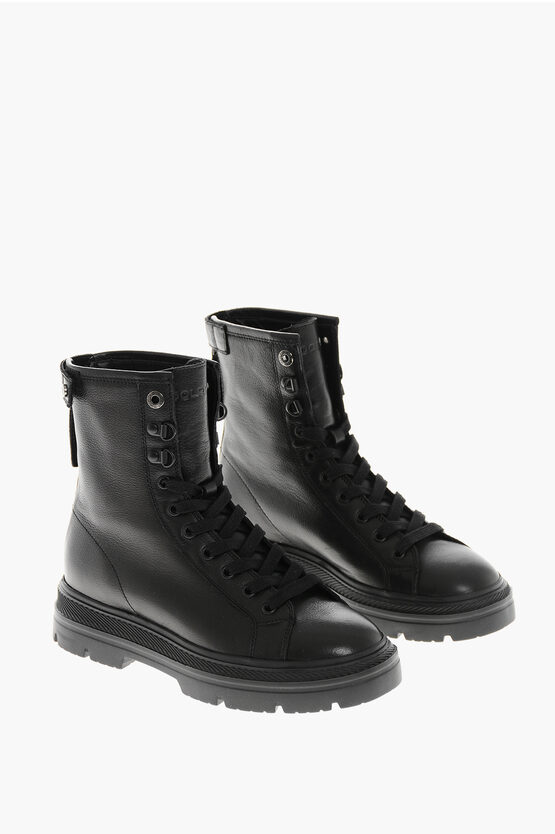 Woolrich Textured Leather Military Lace-up Booties With Vibram Sole In Black