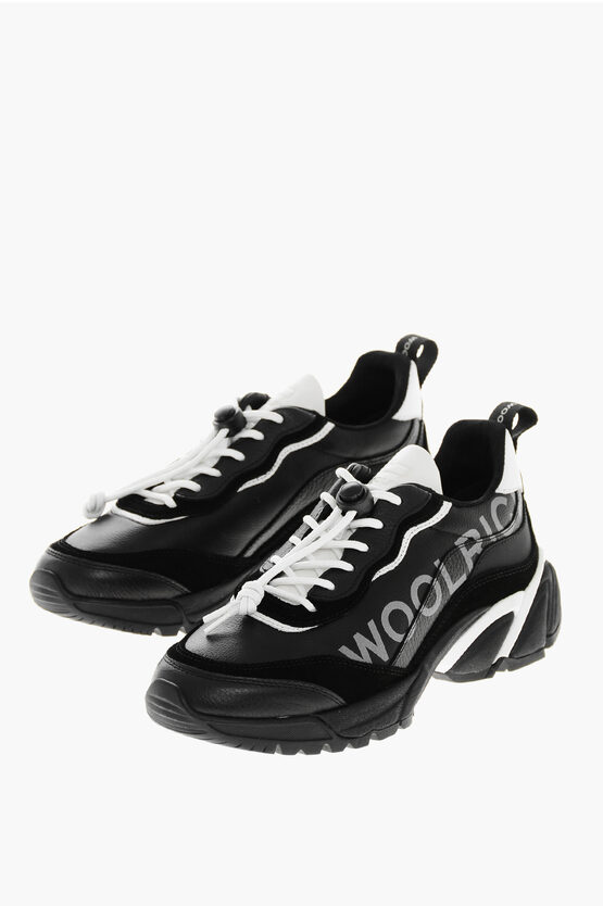 Woolrich Textured Leather Tech Runner Sneakers With Printed Logo In Black