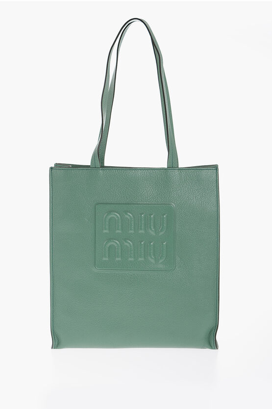 Miu Miu Textured Leather Tote Bag With Embossed Logo In Green