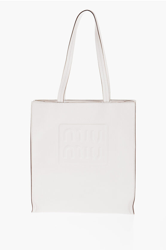 Miu Miu Textured Leather Tote Bag With Embossed Logo In Neutral