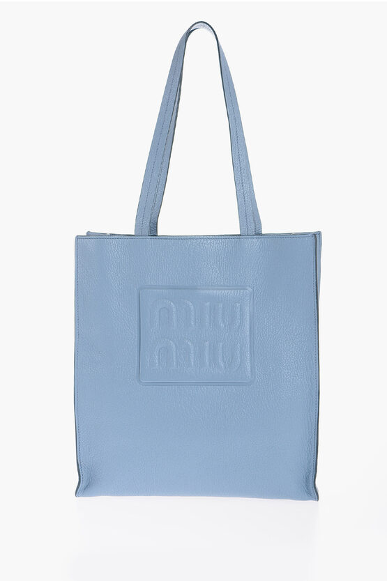 Miu Miu Textured Leather Tote Bag With Embossed Logo In Blue