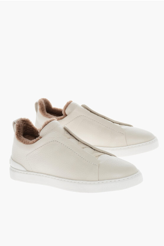Ermenegildo Zegna Textured Leather Triple Stitch Low-top Sneakers With Faux Fu In White