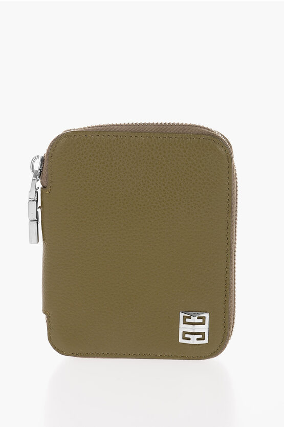 Givenchy Textured Leather Wallet With Silver-tone Logo And Zip Closur In Green