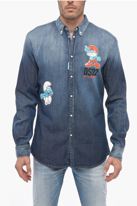 Dsquared2 The Smurfs Button-down Denim Shirt With Patches In Blue