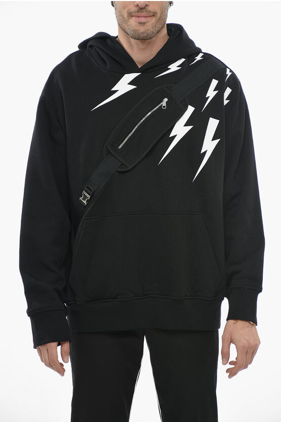 Neil Barrett Thunder Hoodie Sweatshirt With Utility Strap In Black