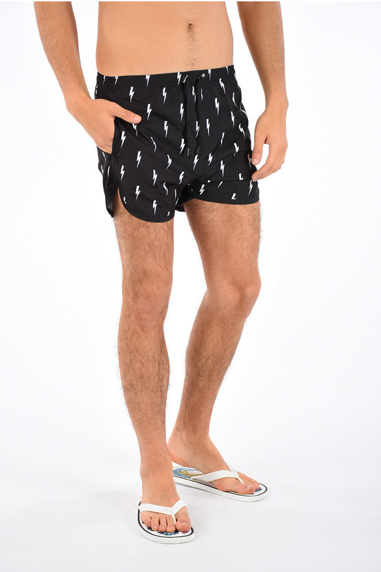Shop Neil Barrett Thunder Printed Shorts Swimsuit
