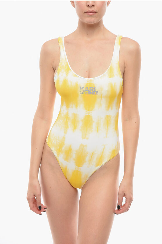 Karl Lagerfeld Tie Dye Effect One Piece Swimsuit With Cut Out Details On Th In Multi