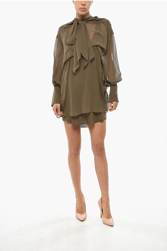 Sa Su Phi Tie Neck Andrea Silk Chiffon Shirt Dress In Green