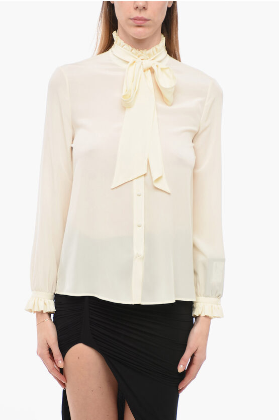 Saint Laurent Tie Neck Blouse With Ruffled Details In Neutral