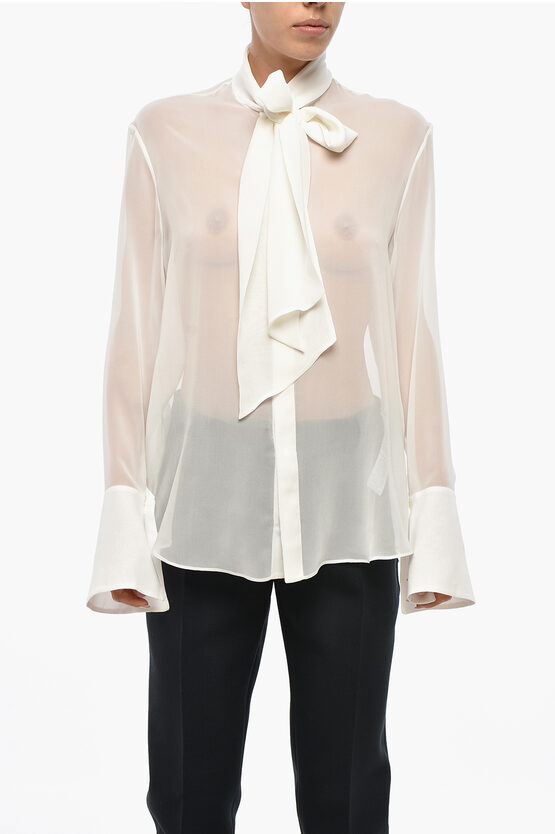 Sa Su Phi Tie Neck Georgette Silk Chiffon Blouse In White