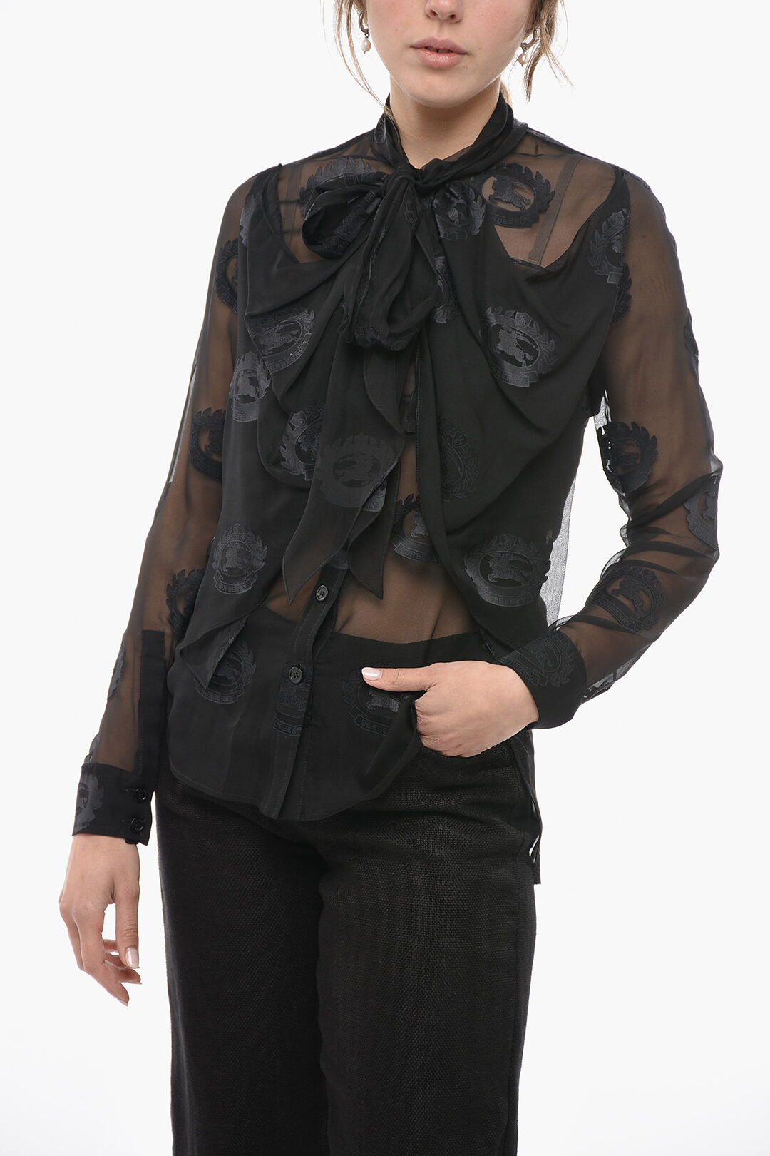 Tie Neck Jacquard Silk Blend Shirt