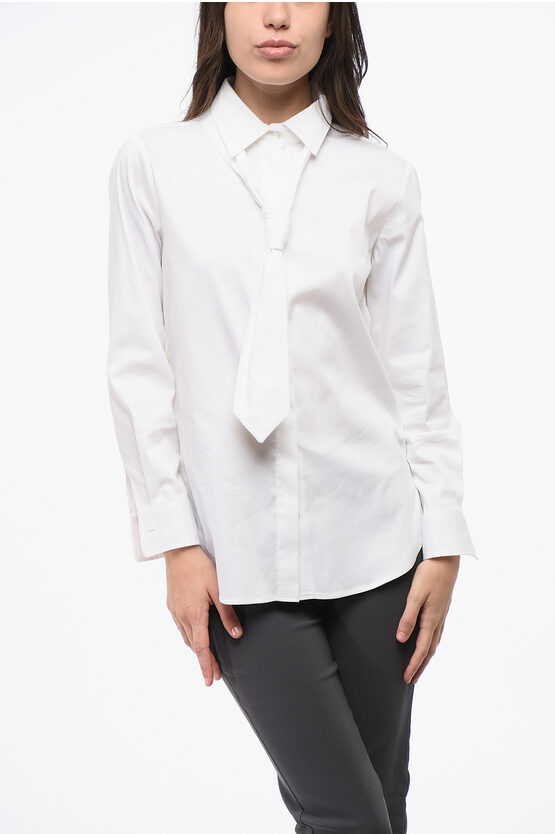Ella Tie Neck Popelin Cotton Shirt In White