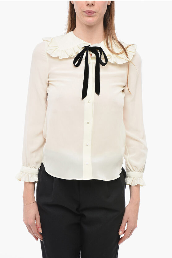 Saint Laurent Tie Neck Shirt With Ruffled Details In Neutral
