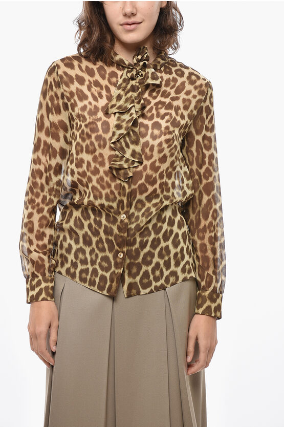 Celine Tie Neck Silk Blouse With Animal Motif In Brown