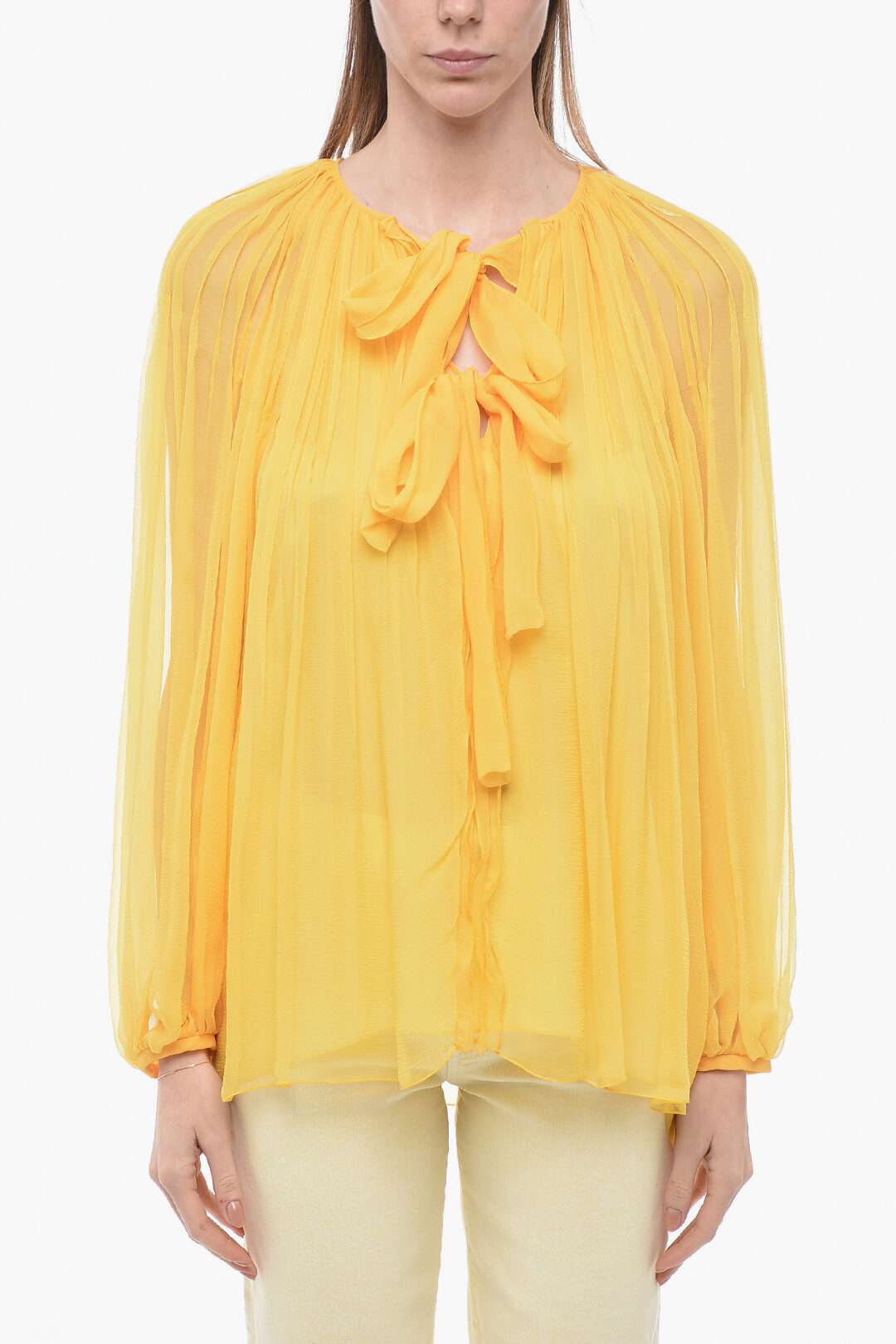 yellow tie neck blouse